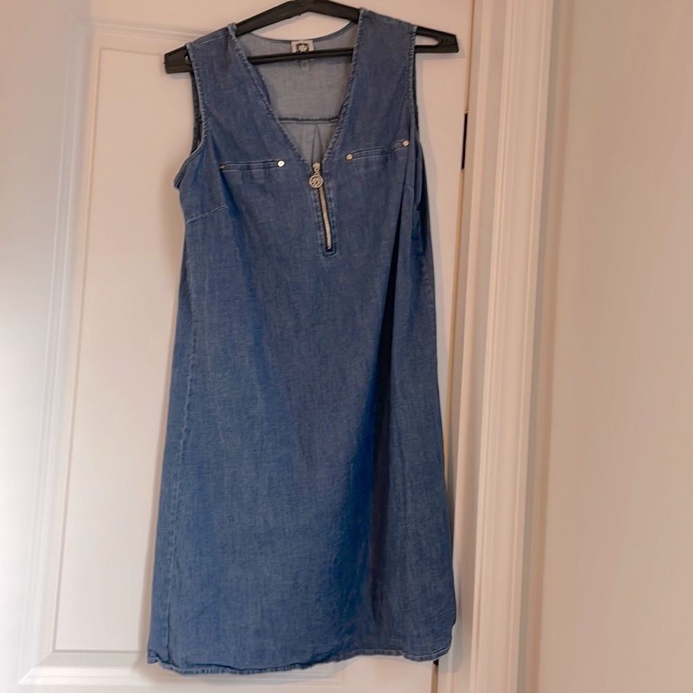 Anne Klein blue denim dress with gold zipper